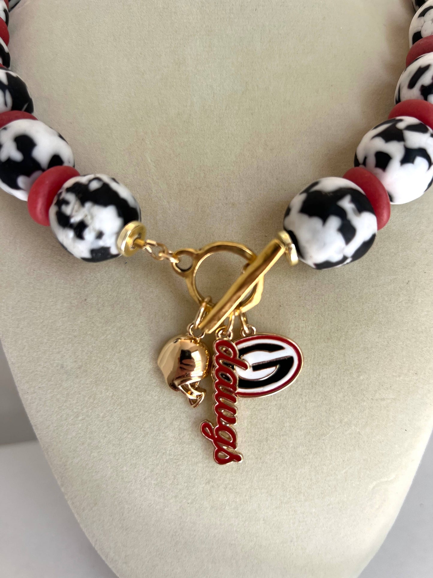UGA Dawgs Chunky Beaded Football Necklace - Cow Print Bead