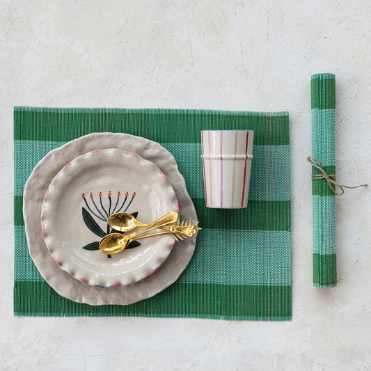 Hand-Woven Bamboo Placemat with Stripes, Teal & Green