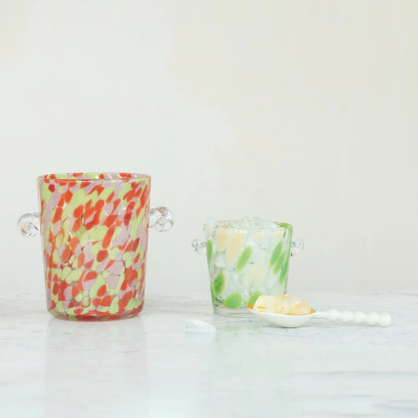 1 Quart Confetti Glass Ice Bucket with Handles, Yellow & Green