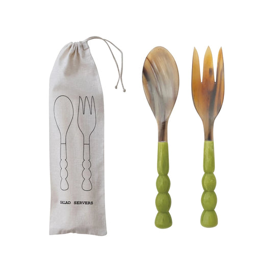 Natural Horn Salad Servers w/ Marbled Resin Handles, Set of 2 in Bag