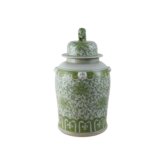 Decorative Hand-Painted Stoneware Ginger Jar w/ Floral Pattern & Foo Dog