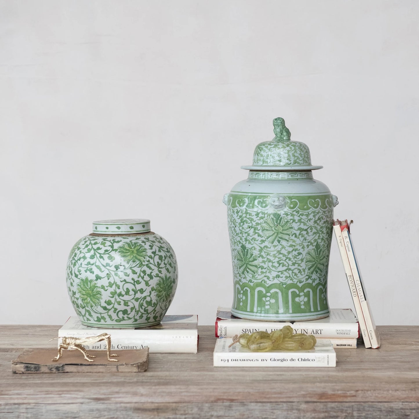Decorative Hand-Painted Stoneware Ginger Jar w/ Floral Pattern & Foo Dog