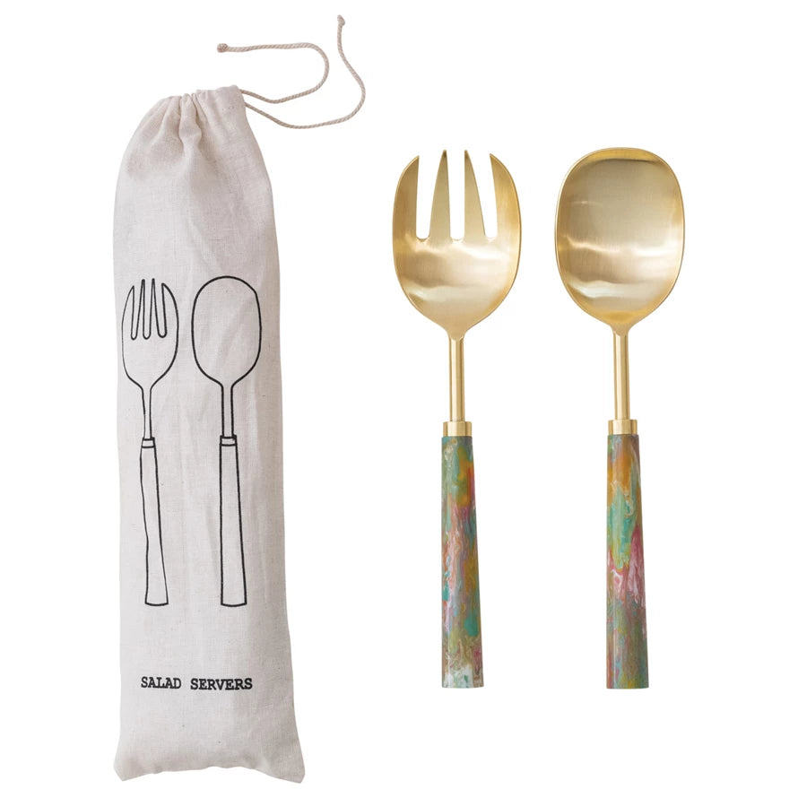 Salad Servers w/ Marbled Resin Handles, Set of 2 in Drawstring Bag