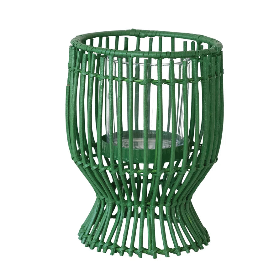 Hand-Woven Rattan Lantern with Glass Insert, Green