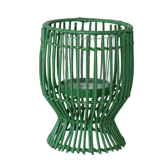 Hand-Woven Rattan Lantern with Glass Insert, Green