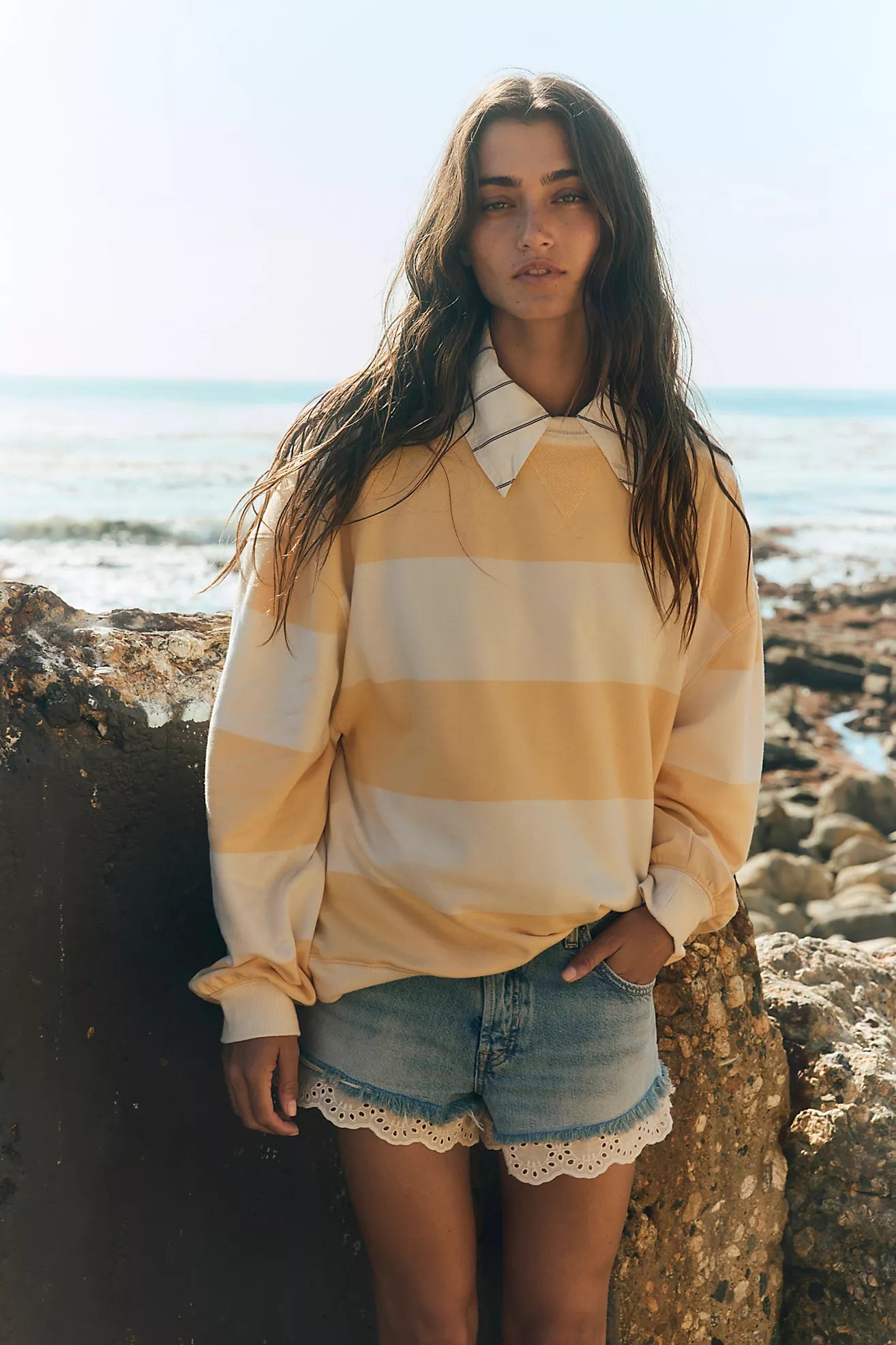 We The Free Classic Striped Oversized Crewneck Apricot