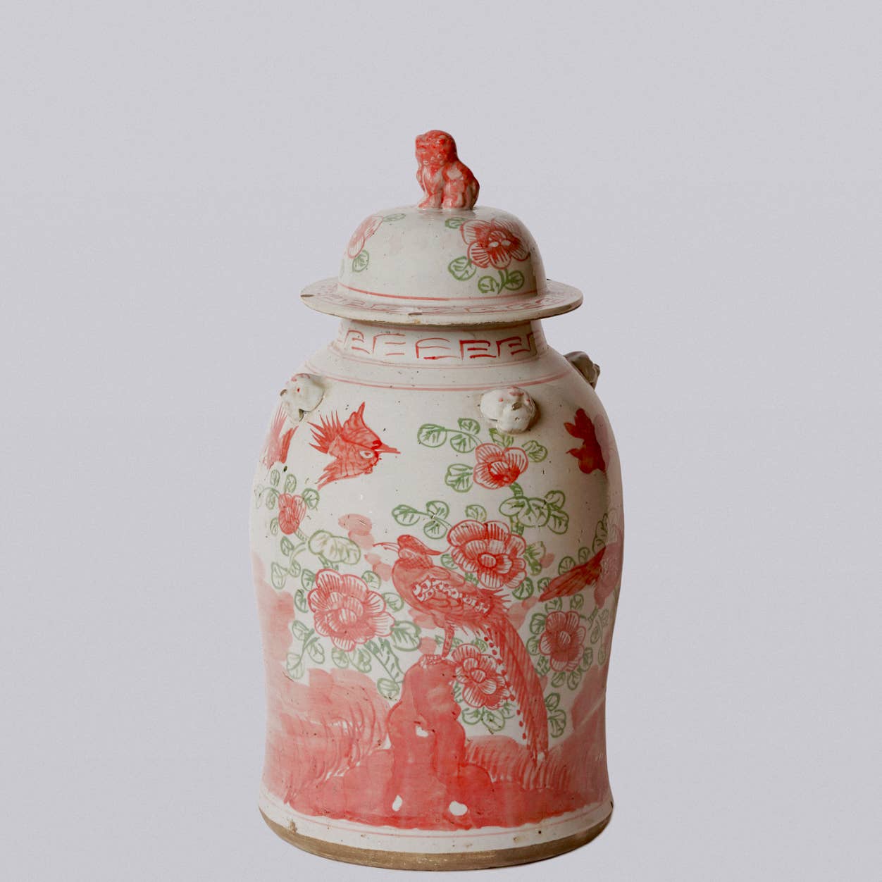 Pink and Green Porcelain Bird and Flower Temple Jar