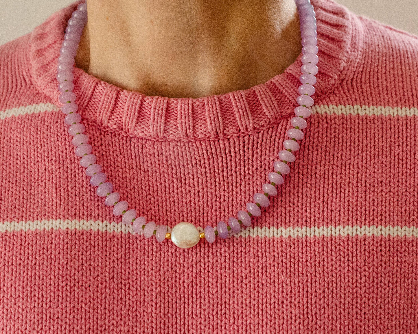 Purple/ Mother of Pearl Beaded Necklace - Dew Drop