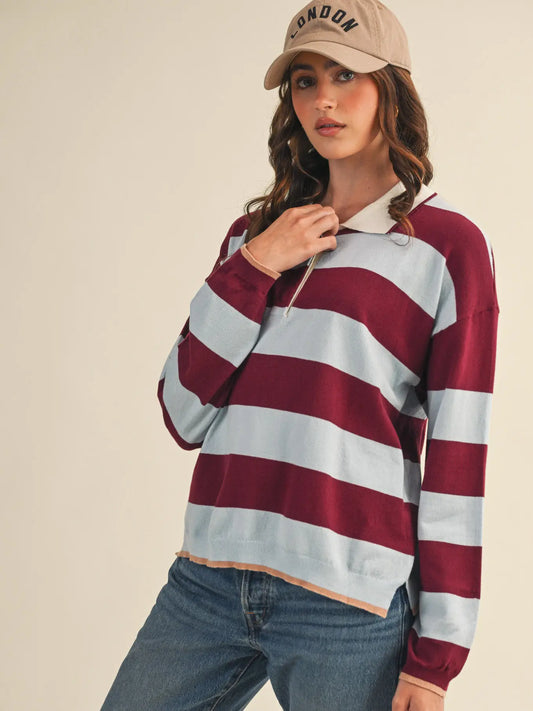 Blue + Burgundy Striped Rugby Sweater