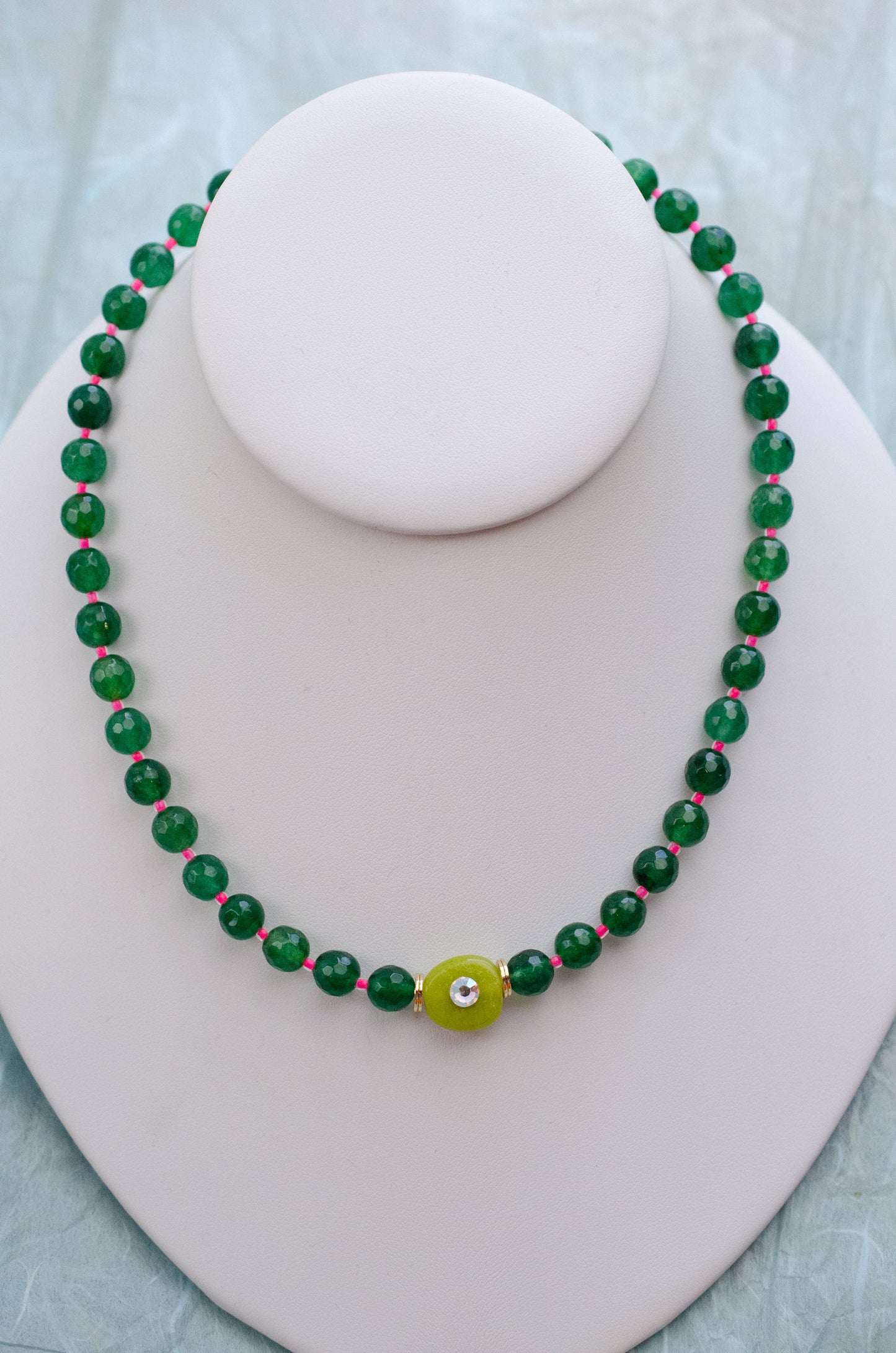 Emerald Green and Pink  Beaded Necklace