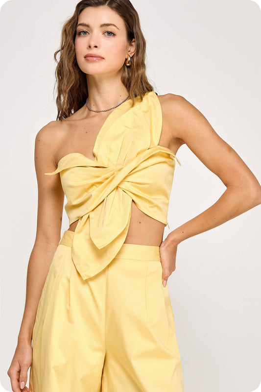 Butter Yellow One-Shoulder Knotted Flower Bow Crop Top
