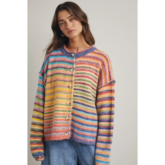 Rainbow Button-Up Knit Sweater Cardigan