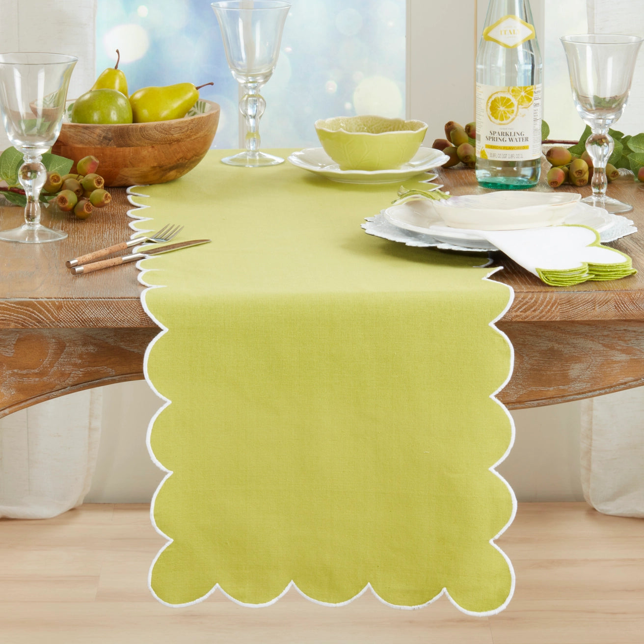 Cotton Scalloped Table Runner | Kiwi
