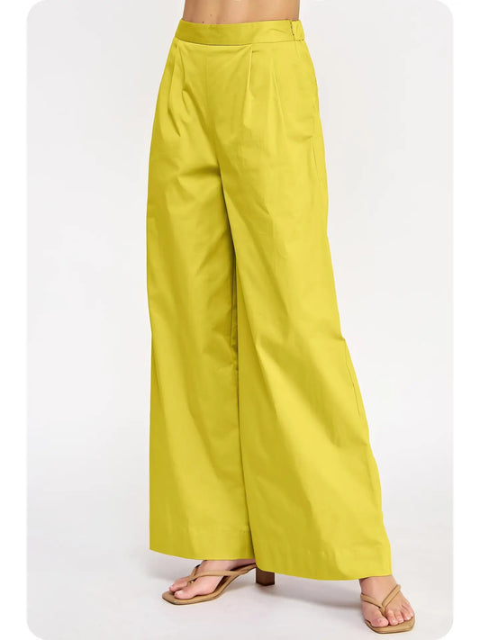 Chartreuse Pleat Detail Wide Leg Twill Pants