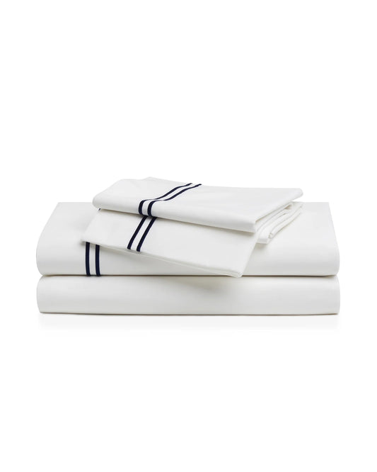 Luxe Premium Percale Bed Sheets in White with Navy Piping Sale price